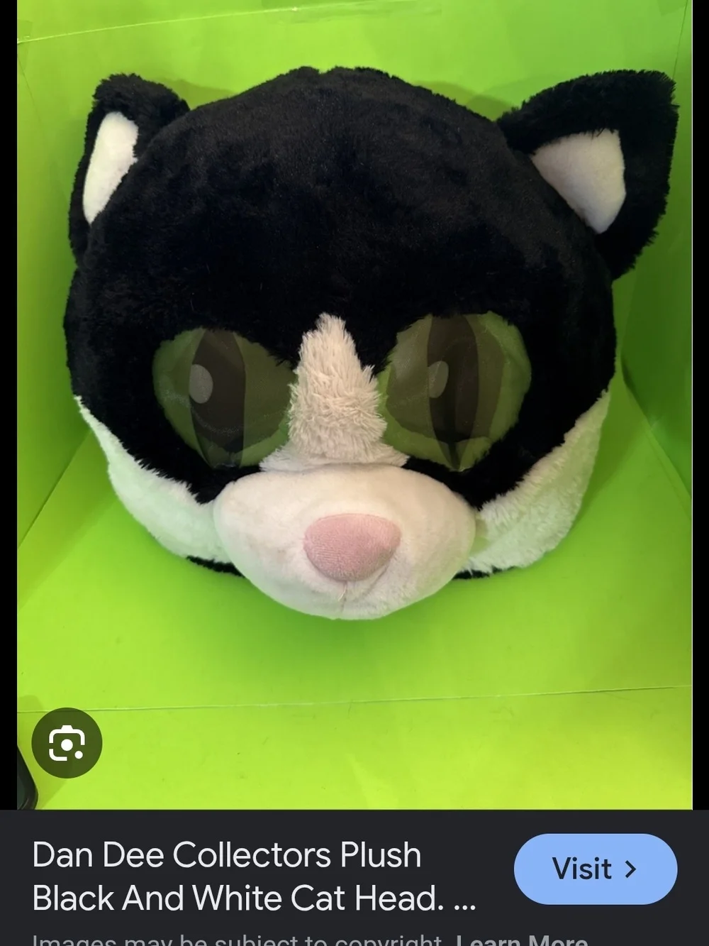 Dan Dee Plush Black & White Cat Head Toy